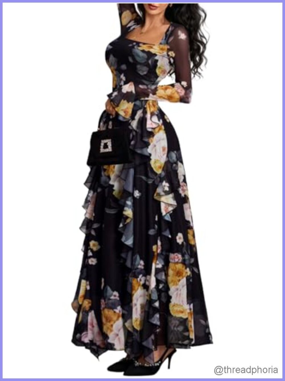 Women's Floral Long Sleeve Square Neck Ruffle Party Dress